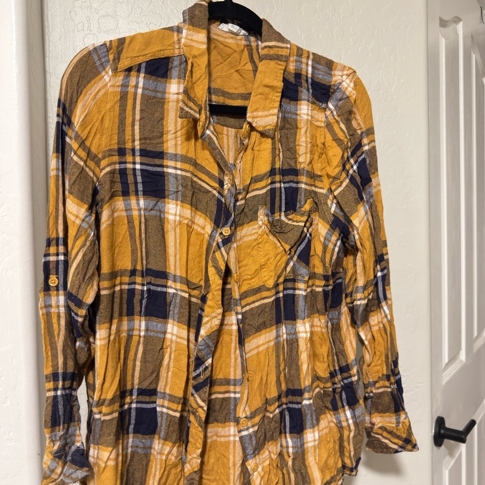 beachlunchlounge Mustard and Navy Plaid Button Down Shirt